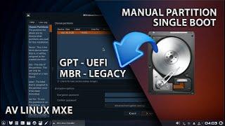 Manual Partition AV Linux MX Edition  GPT UEFI  MBR LEGACY  Single Boot AV Linux MXE Install