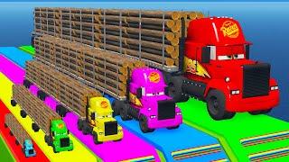 Big & Small Long Mack Truck with Logs vs Trains Thomas - Fat Cars vs Funny Cars with Slide Color