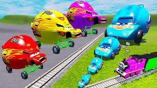 FAT CARS vs LONG CARS with Big & Small Fat Mcqueen with Fat King Dinoco vs Thomas Train - BeamNG