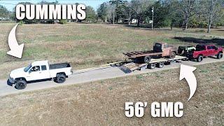 24v CUMMINS PULLS MY GMC MILITARY TRUCK OFF MY GOOSENECK TRAILER