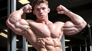 17 years old young bodybuilder showing his pumped muscle  flexing  muscle worship