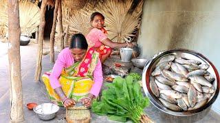 santali tribe women cooking small fish curry&delicious palak curry reciperural village India