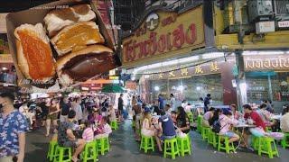 超热闹夜市泰国曼谷唐人街美食街著名烤面包仔特色小吃晚餐 Lively Bangkok Chinatown Night Market Street Food Stalls