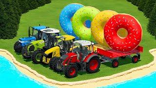 JOHN DEERE vs CLAAS vs CASE vs FENDT TRACTORS BATTLE WITH GIANT DONUTS - Farming Simulator 22