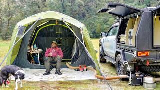 Car Tent Camping In Rain Storm With Dog