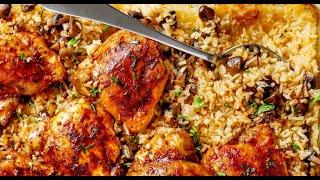 Oven Baked Chicken And Rice With Garlic Butter Mushrooms