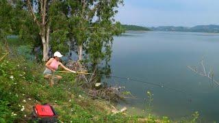 Fishing Video. Beautiful Girl Hunting Big Fish With Traditional Fishing Hook