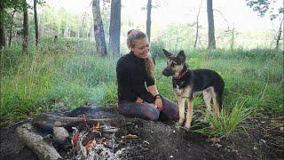 Female solo camp + dog  Solo night in the woods  Carving a spoon