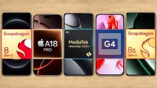 snapdragon 8 gen 3 vs apple a18 pro vs mediatek dimensity 9300+ vs google tensor g4 vs snapdragon 8s