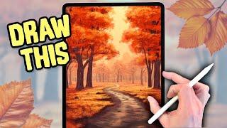 DRAW A FALL AUTUMN WOODLAND - Procreate landscape drawing tutorial