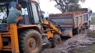 Ashok Leyland truck with fully loaded  stuck  mud JCB 3DX machine power pulling Loading Trucks