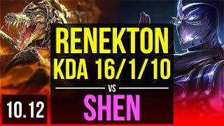 RENEKTON vs SHEN TOP  KDA 16110 1400+ games 2 early solo kills  KR Diamond  v10.12