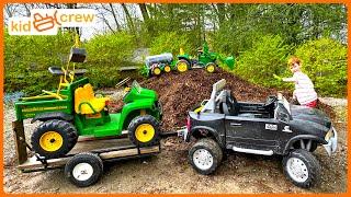 Landscaping mulch and trees with tractor truck digger and water trailer. Educational  Kid Crew