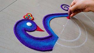 Beautiful Peacock Rangoli Design For Festivals  Peacock Kolam Designs  Peacock Muggulu Designs