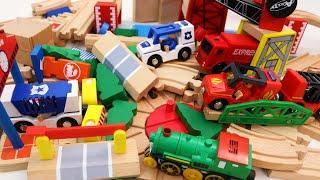 Wooden Train Tracks with Movable Bridge - Fire Truck Police Car Excavator Toys