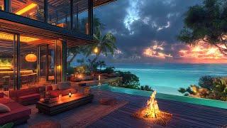 Tropical Beach Resort Ambience in Luxurious Coastal  Cozy Fireplace & Deep Ocean Waves Sound