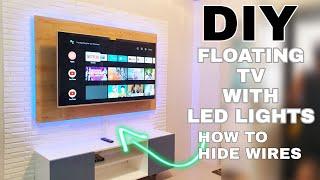 DIY How to make Floating TV Backwall and Cabinet with LED lights - Hide your wires
