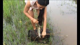 Amazing girl Fishing Khmer Real Life Fishing At Siem Reap Cambodia