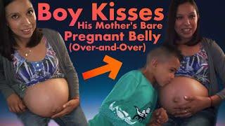 Boy Kisses His Mothers Bare Pregnant Belly Over-and-Over