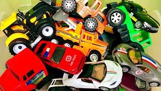 Box full of toy cars  Truck  Tractor  Police Car  Video 4k