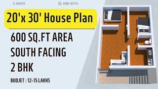 20x30 South Facing House Plan  600 Sqft Area  2 BHK  Home Sketch