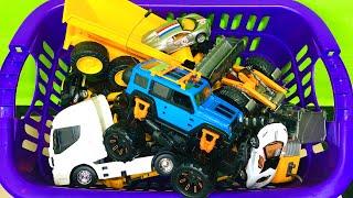 Box full of toy cars  Truck  Tractor  Excavator  dump truck  Video 4k