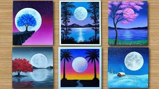 Full Moon  6 Easy Moonlight scenery painting for Beginners  Acrylic Painting