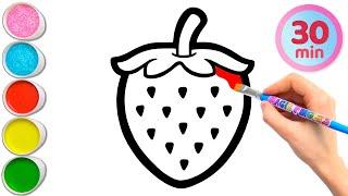 बच्चों के लिए स्ट्रॉबेरी और 6 और फलों की ड्राइंग पेंटिंग रंग भरना  जानें फल #302