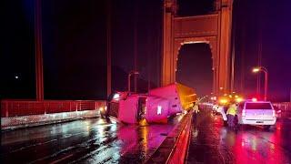 Gale-force wind blows over big rig on Golden Gate Bridge