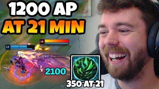 Veigar but I gain 17 AP every 60 seconds. 1200 AP at 21 minutes. 350 Stacks at 21 minutes.