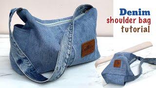 how to sew denim shoulder bag patterns  1 jeans 1 bag ideadenim hobo bag tutorial.