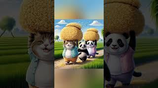 Cute little pandas and kitten carrying rice grains #panda #kitten #hellopanda #babypanda #pandapic