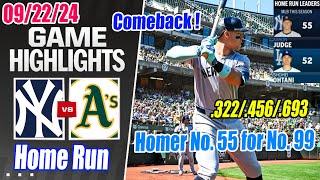 NY Yankees vs Oakland Athletics Game Highlights Sep 22 2024  Judges 55th Home Run of Season