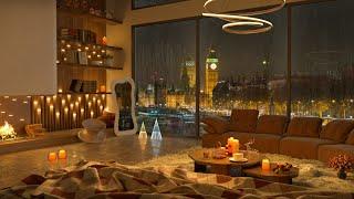 A Rainy London Night Sleep in Cozy Bedroom 4K   Relaxing Piano Jazz Music for Relax and Study