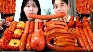 ASMR MUKBANG 직접 만든 불닭볶음면 불닭쌈 양념치킨 소세지 먹방 & 레시피 FRIED SAUSAGES AND FIRE NOODLES EATING