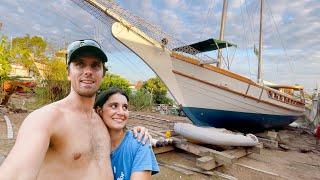 CRACKING and CREEKING Dragging a restored wooden boat to her LAUNCH — Sailing Yabá 202