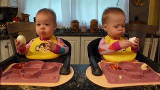 Twins try a whole hard boiled egg