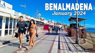 Benalmadena Beach Promenade Sunshine Walk Malaga Spain January 2024 4K