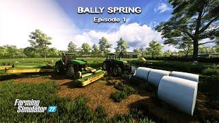 Starting on the NEW FARM Mowing Baling Wrapping GRASS  Bally Spring  FS22  Episode #1