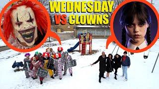 drone catches Wednesday Addams Family VS Clown Army at haunted park Huge Battle