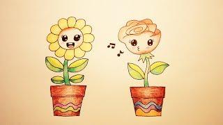 How To Draw Cute Rose and Sunflower Cartoon Easy Steps and Coloring