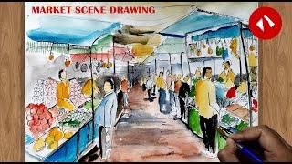 Market Scene Drawing  How to Draw Market Easy