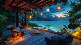 Dreamy Moonlit Night Seascape  Calming Sea Melodies & Cozy Fireplace  Tropical Beach Tranquil