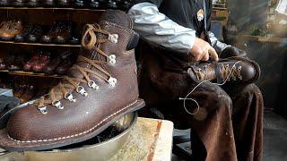 The process of a professional mountaineer making hiking boots. Amazing Korean handmade shoe workshop