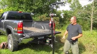 Pickup Truck Crane receiver hitch hoist demonstration with Gorillabac log Splitter lift attachment.