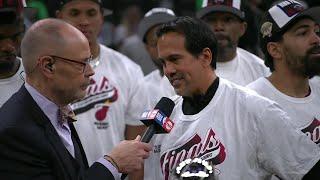 Erik Spoelstra reacts to the Heat making the 2023 NBA Finals 