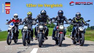 Aprilia SX 125 vs. Honda CB125R Husqvarna Svartpilen 125 KTM 125 Duke & Yamaha XSR 125 - Vergleich