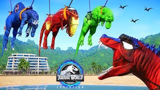 Hulk T-REX vs Spiderman Godzilla Captain America Batman Dinosaurs Fight  Jurassic World Evolution