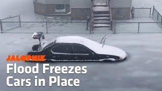 Bomb Cyclone Flooding Leaves Cars Frozen in Place