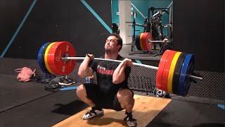 270kg Squat for 5 reps 182kg Snatch 250kg Front Squat 220kg Clean - Training Footage